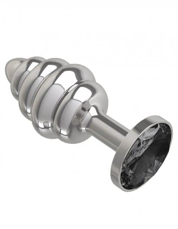 Анальная пробкаребристая Silver с черным кристаллом