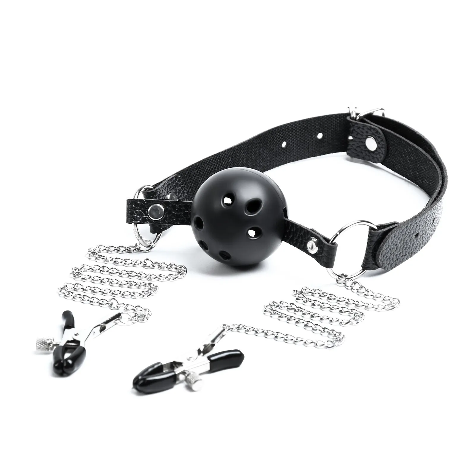 кляп бдсм оки-чпоки, кляп с зажимами для сосков, кожа, металл, черный в Перми