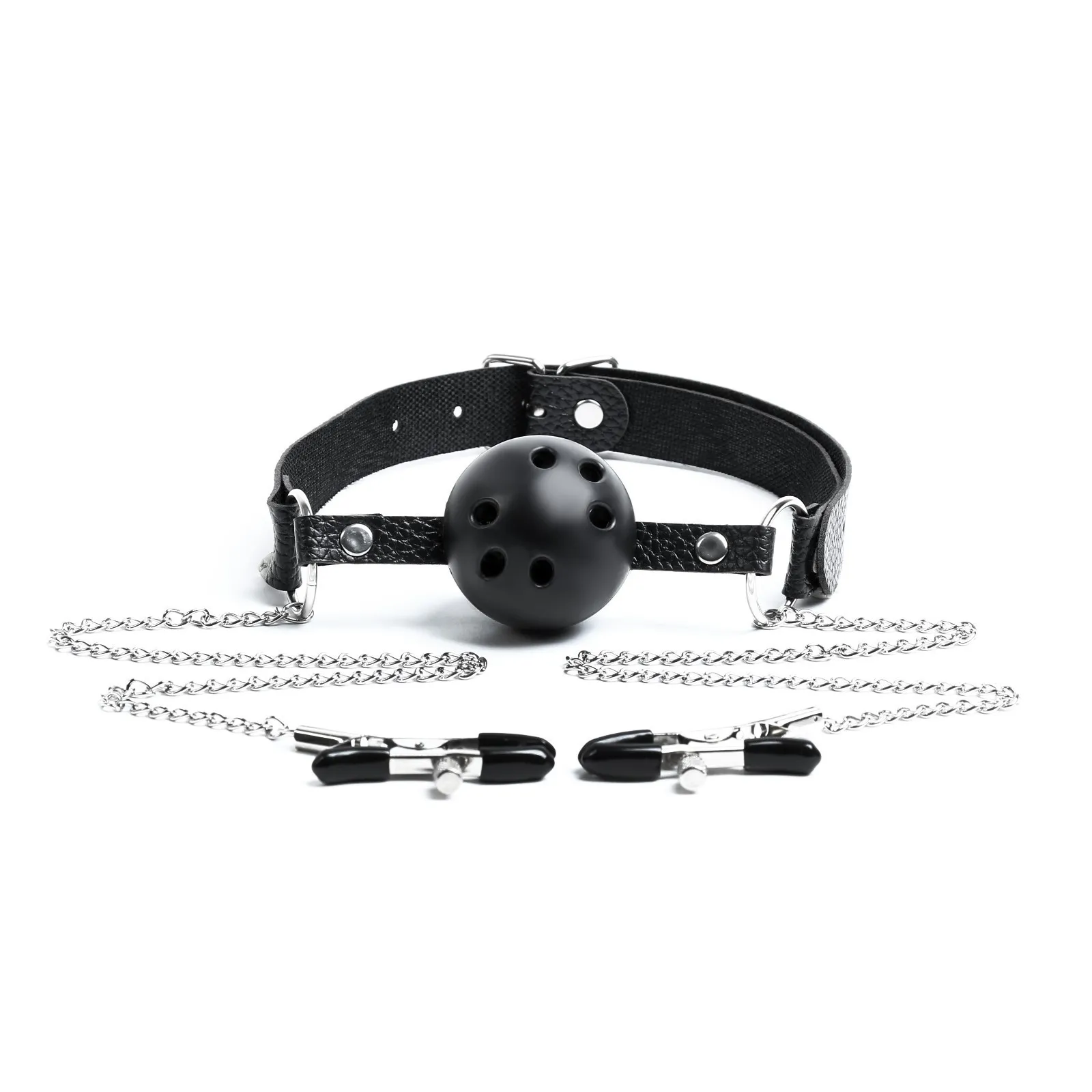 кляп бдсм оки-чпоки, кляп с зажимами для сосков, кожа, металл, черный в Перми