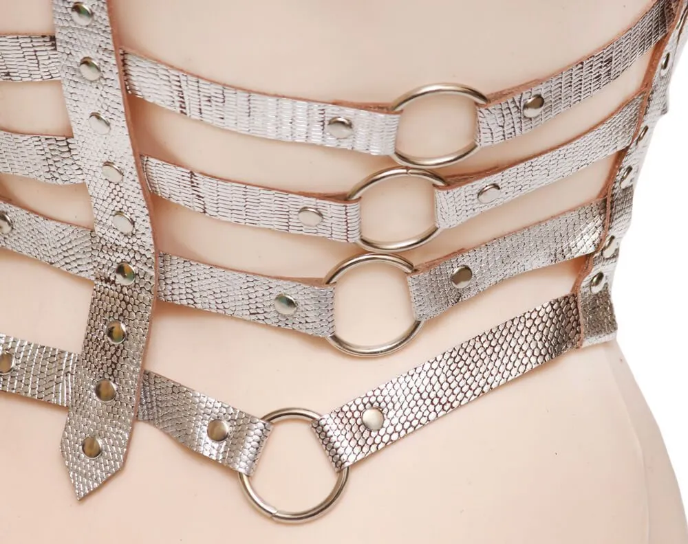 Эротическое бондажный комплект с 4 ремнями и кольцами, серебристый в Перми