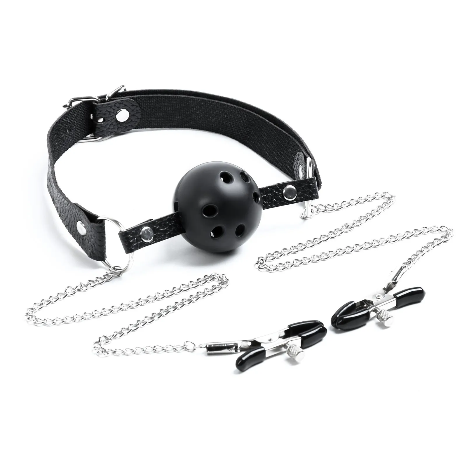 кляп бдсм оки-чпоки, кляп с зажимами для сосков, кожа, металл, черный в Перми