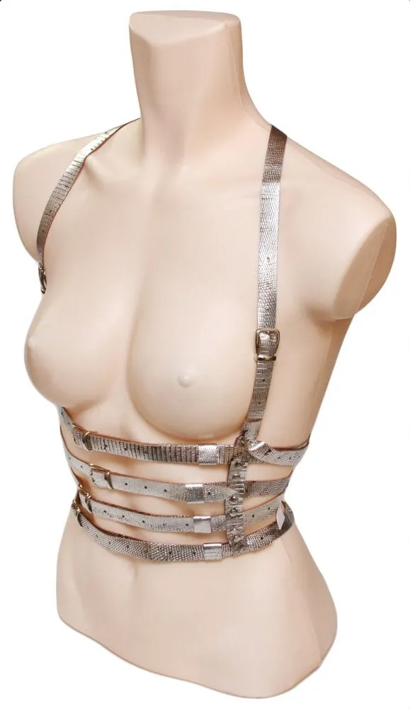 Эротическое бондажный комплект с 4 ремнями и кольцами, серебристый в Перми