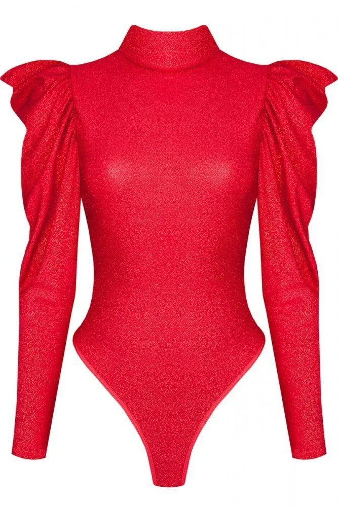 Эротическое боди с рюшами на плечах и вырезом на спине demoniq, красное в Перми