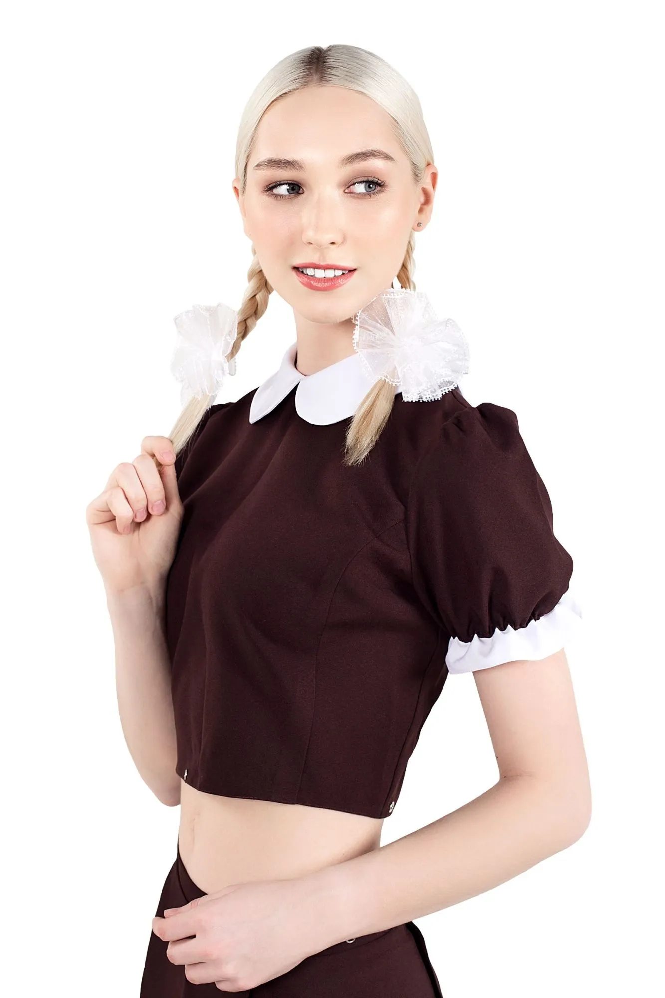 Эротическое верхняя часть костюма «русская школьница», pecado bdsm, топ, банты, коричнево-белый, 42 в Перми