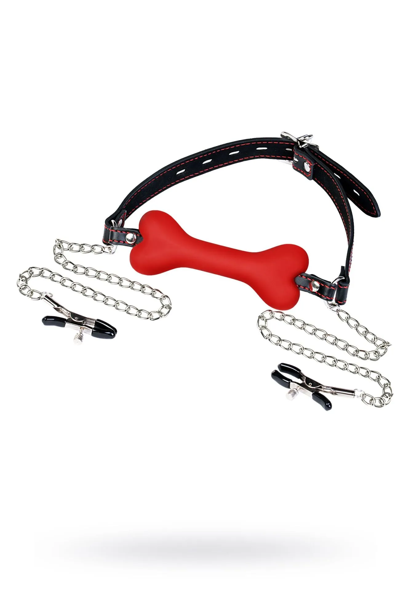 кляп-трензель toyfa theatre, в виде косточки с зажимами для сосков, красный в Перми