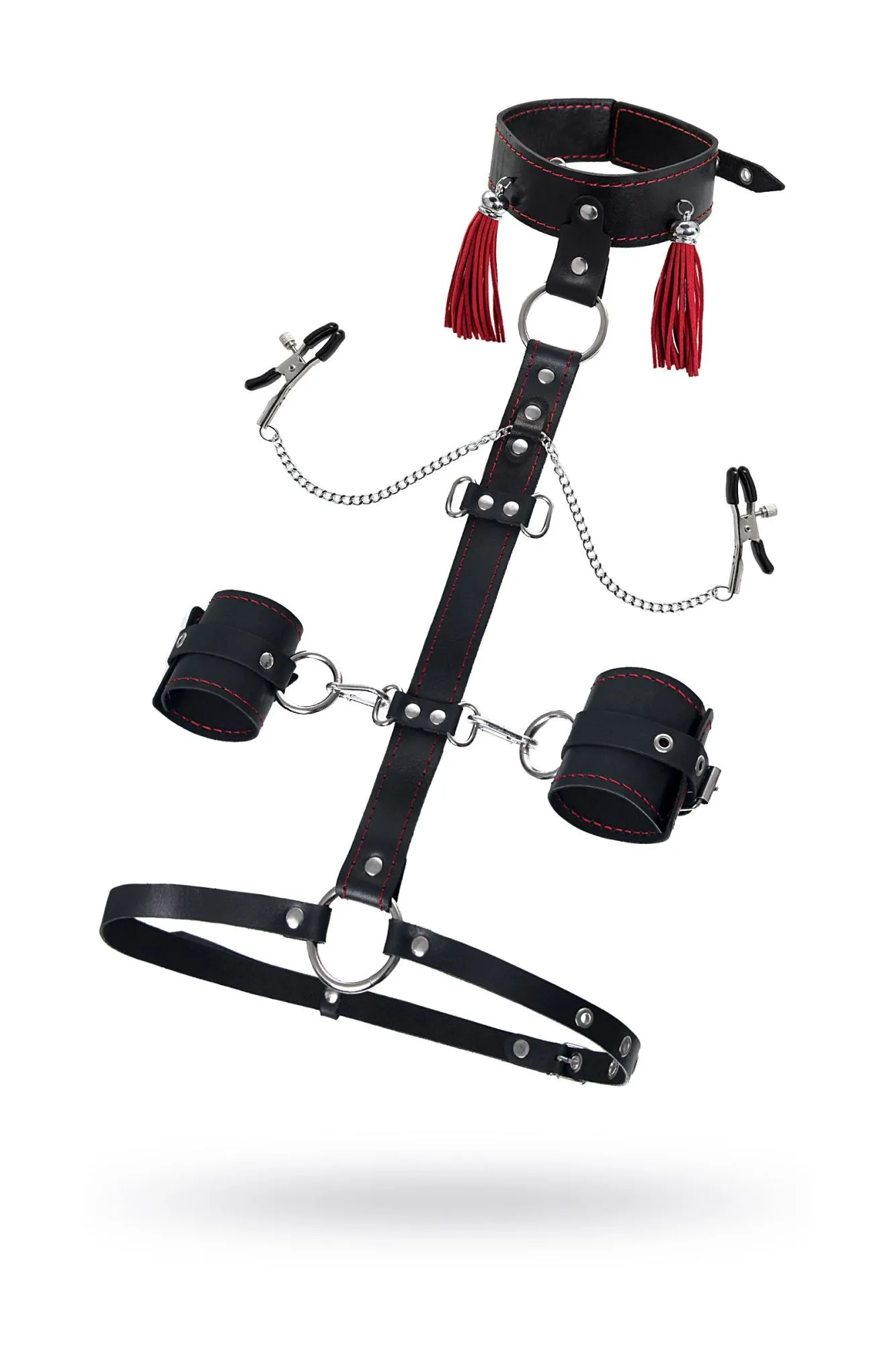 сбруя для фиксации шеи и рук pecado bdsm, с зажимами для сосков, натуральная кожа, черная в Перми