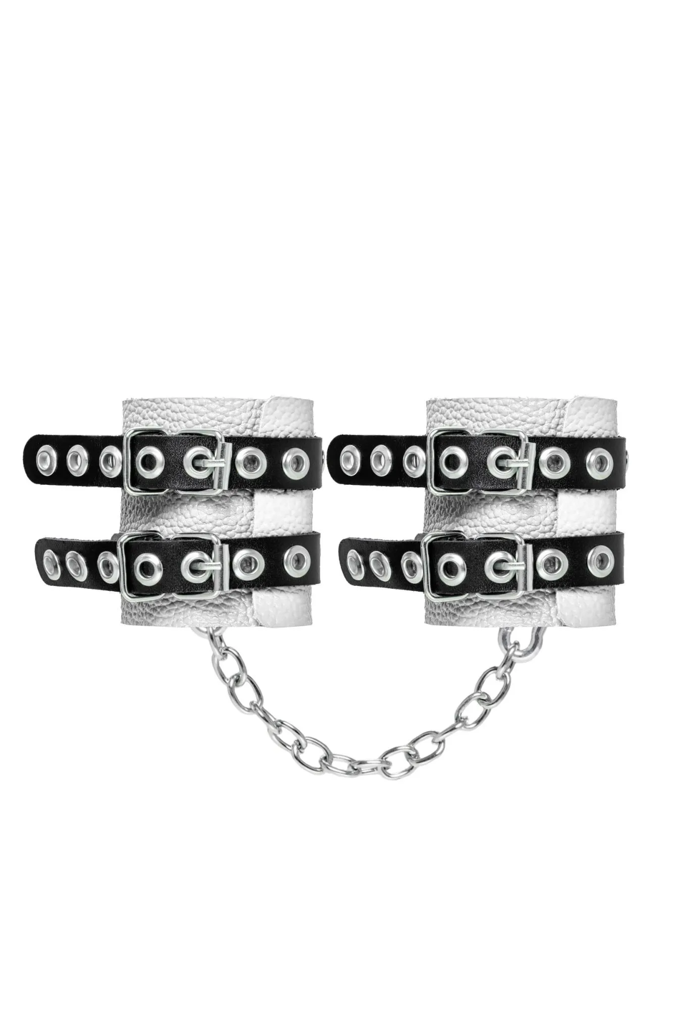 наручники pecado bdsm,с двумя ремешками с люверсами, мягкие, натуральная кожа, бело-чёрные в Перми