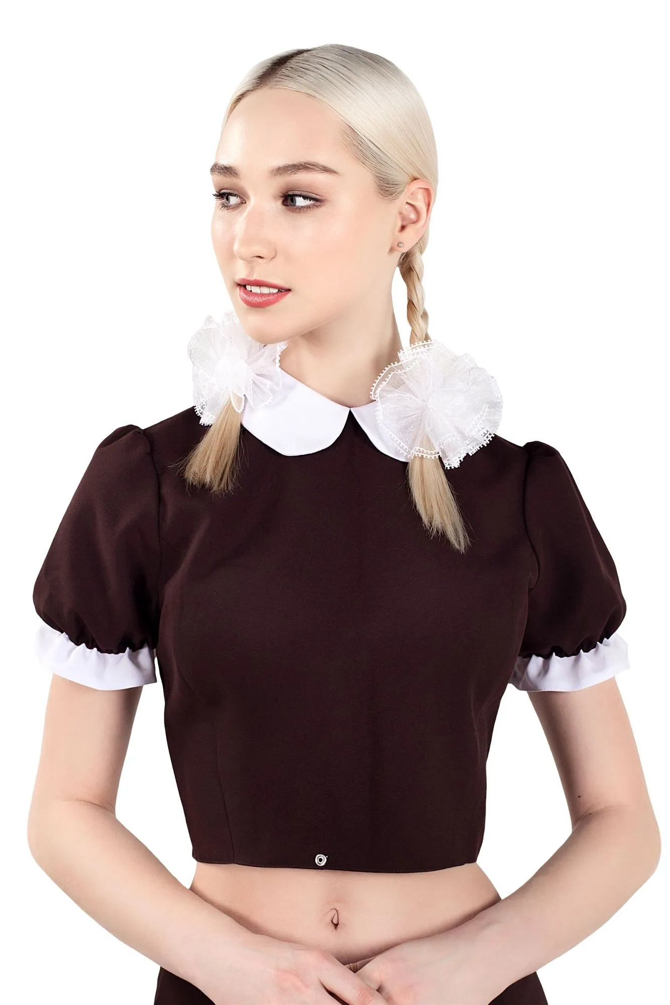 Эротическое верхняя часть костюма «русская школьница», pecado bdsm, топ, банты, коричнево-белый, 42 в Перми