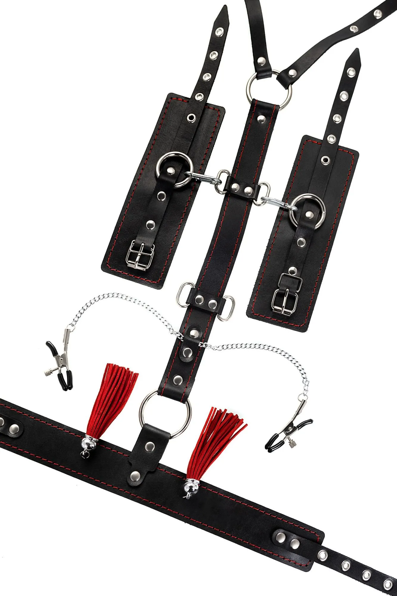 сбруя для фиксации шеи и рук pecado bdsm, с зажимами для сосков, натуральная кожа, черная в Перми